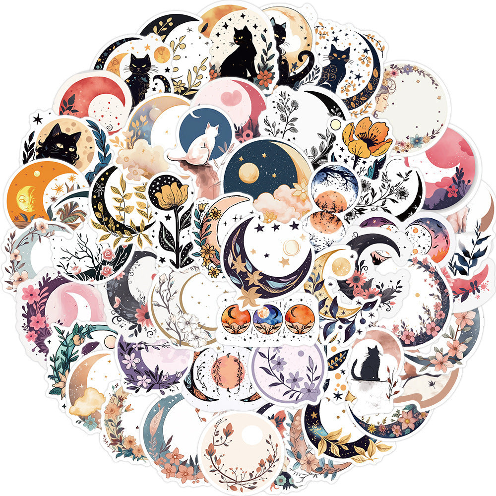 Circular cluster of VibeCore Moon Flower Stickers featuring celestial blooms and moon phases, creating a dreamy, mystical vibe for personalizing your accessories.