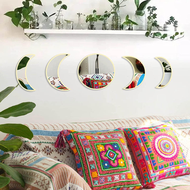 VibeCore Moon Phases Mirror Set in beige, front view. This elegant set features beige mirrors representing the phases of the moon, adding a serene, boho-inspired touch to any space. The front view showcases the clean, sleek design, perfect for complementing minimalist or celestial-themed decor in bedrooms or living areas.