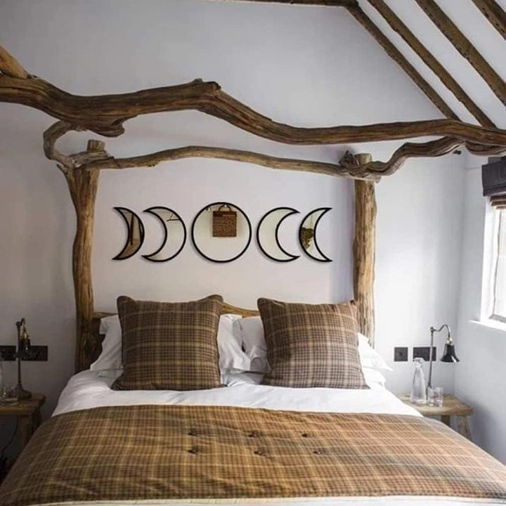 VibeCore Moon Phases Mirror Set in black, displayed in another boho bedroom. Featuring sleek black mirrors representing the phases of the moon, this set adds a mystical, boho-inspired touch to the space. Perfect for enhancing celestial or bohemian decor, it brings a cosmic, dreamy ambiance to any bedroom.