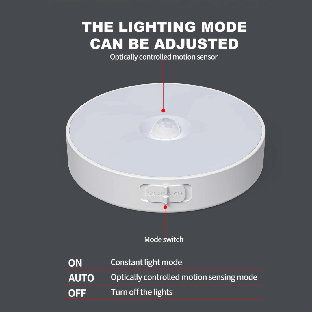 VibeCore Motion Sensor Puck Light mode switch light showing 3 features: constant light mode, auto for optically controlled motion sensing mode, and off.