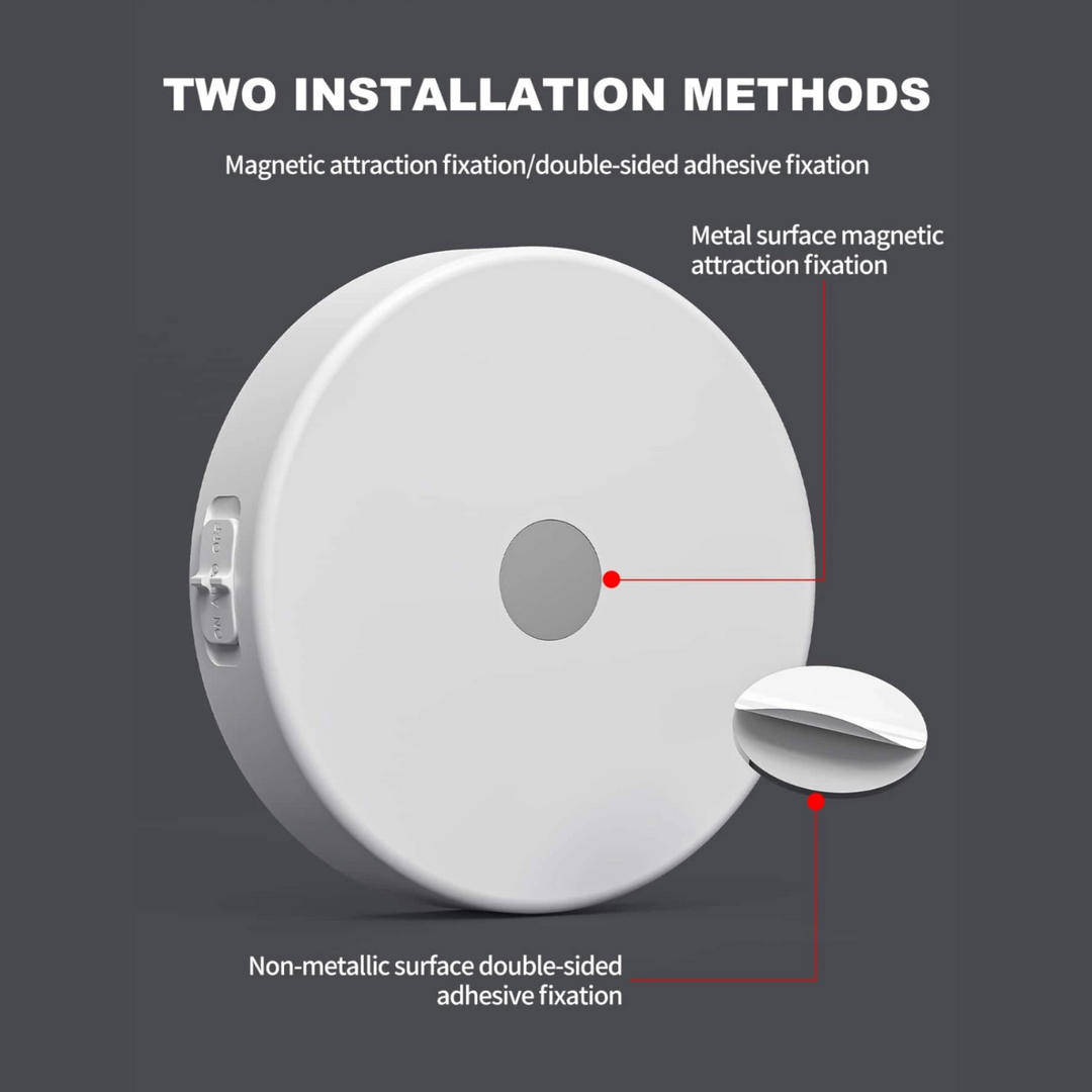 VibeCore Motion Sensor Puck Light installation methods - Modern motion-activated LED light with PIR sensor, 9.8 ft range, USB rechargeable battery, and versatile installation options including adhesive pads and magnets for walls, closets, and cabinets.