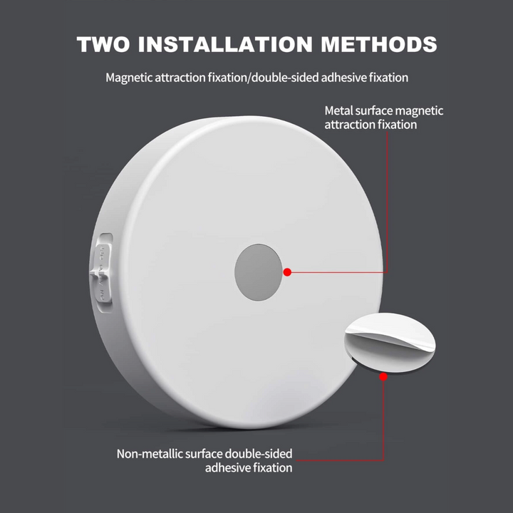 VibeCore Motion Sensor Puck Light installation methods - Modern motion-activated LED light with PIR sensor, 9.8 ft range, USB rechargeable battery, and versatile installation options including adhesive pads and magnets for walls, closets, and cabinets.