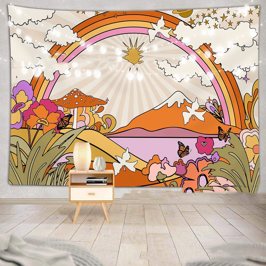VibeCore Mountain Wonderland Tapestry On Wall Behind Side Table
