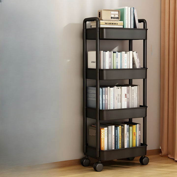 VibeCore Multi-Layer Trolley Rack On Wheels Black 4-Tier With Books In It