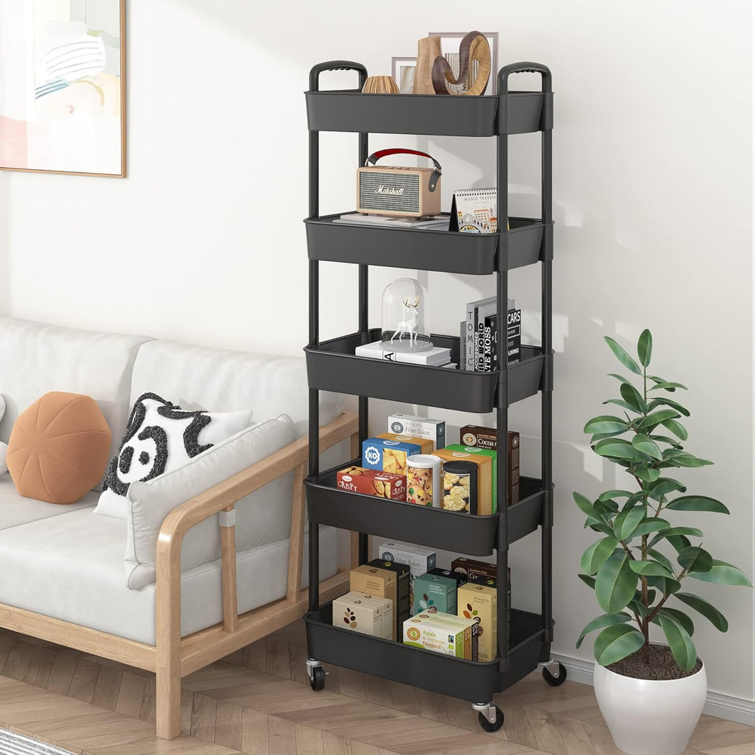 VibeCore Multi-Layer Trolley Rack On Wheels Black 5-Tier In Living Room