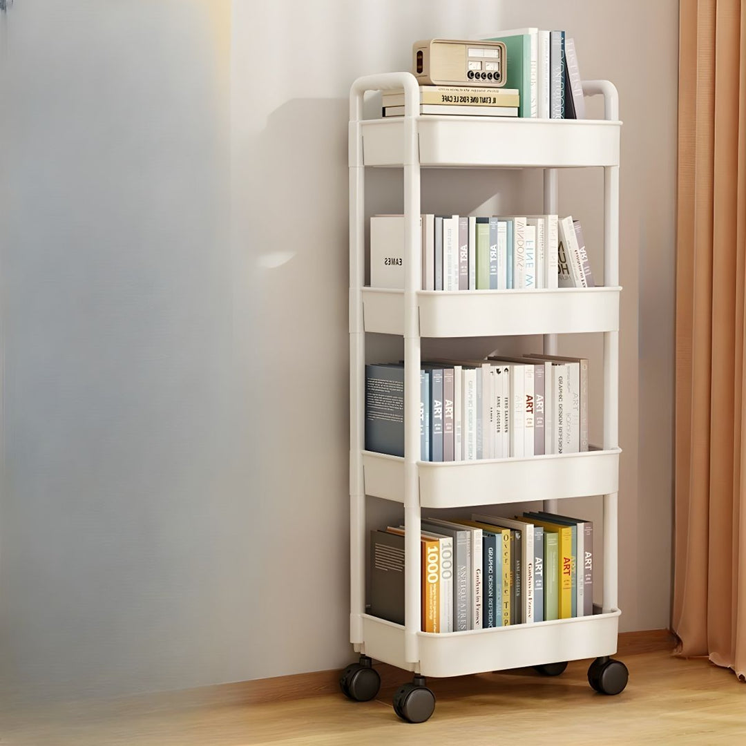 VibeCore Multi-Layer Trolley Rack On Wheels White 4-Tier With Books On It