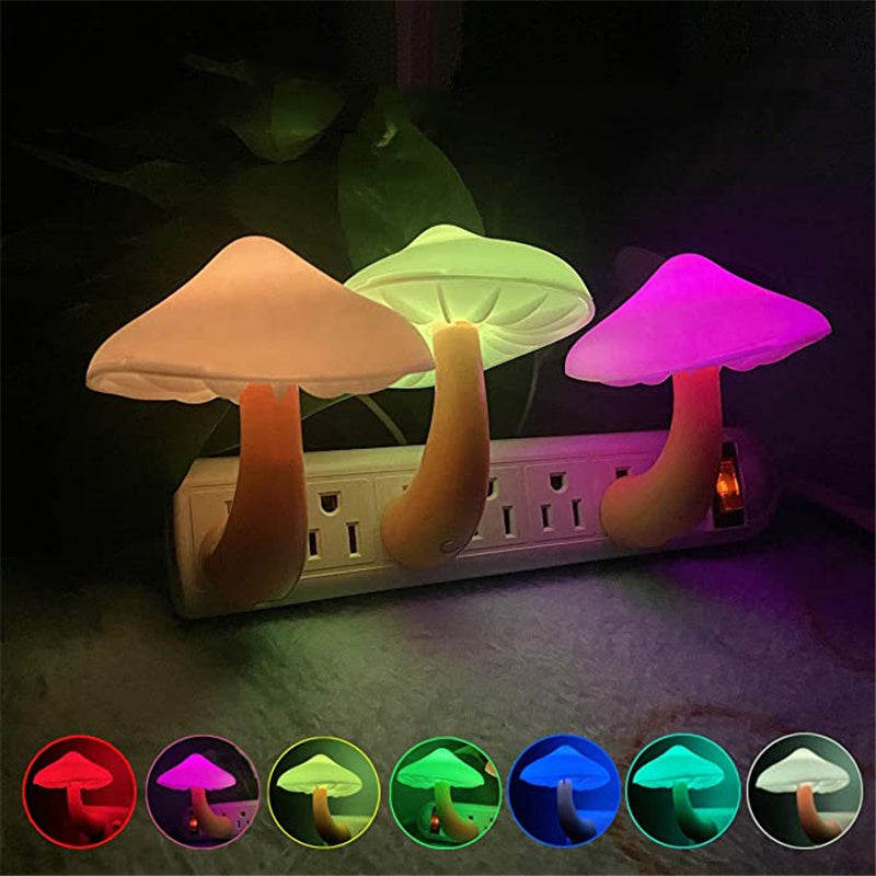 VibeCore Mushroom Night Light displaying different colors (Blue, Green, Red, Yellow, Pink, Turquoise, White) with soft, ambient lighting. Perfect for creating a cozy atmosphere in any space, this energy-saving, automatic light sensor night light offers multiple color options to suit your mood and needs.