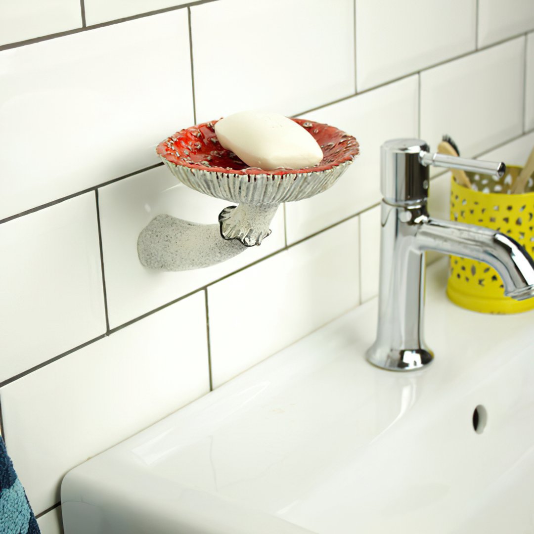 VibeCore Mushroom Wall Shelf holding a bar of soap in a bathroom, offering a charming, nature-inspired storage solution with a whimsical, cottagecore aesthetic.