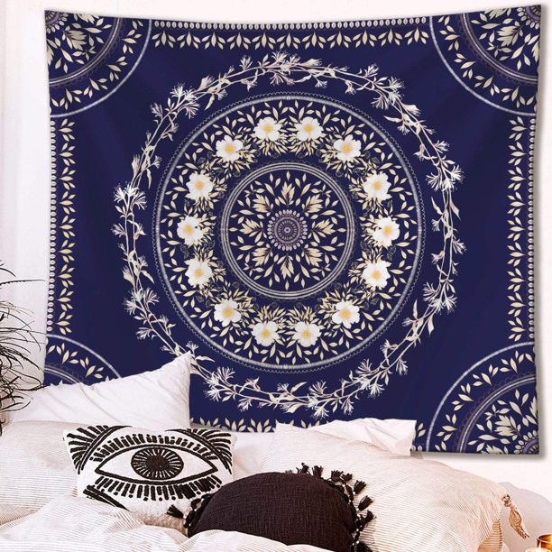 VibeCore Navy Mandala Tapestry In Bedroom