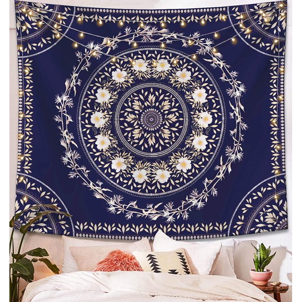 VibeCore Navy Mandala Tapestry On Wall Above Bed