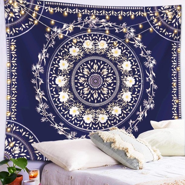 VibeCore Navy Mandala Tapestry On Wall In Bedroom