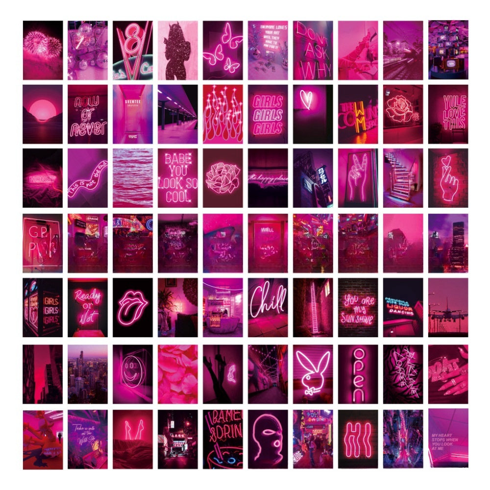 VibeCore Neon Pink Vibes Wall Collage Kit featuring 70 vibrant pink neon designs, including neon signs, cityscapes, and baddies, printed on high-quality matte paper. Perfect for creating an aesthetic pink collage wall decor in your bedroom, living room, or dorm, this set adds an electrifying, baddie vibe to your space.