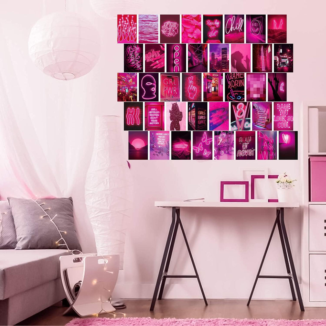 VibeCore Neon Pink Vibes Wall Collage Kit in a pink bedroom, showcasing 70 vibrant pink neon designs including neon signs, cityscapes, and baddies. Printed on high-quality matte paper, this aesthetic pink wall art creates a trendy collage decor for a bold and electrifying urban vibe.