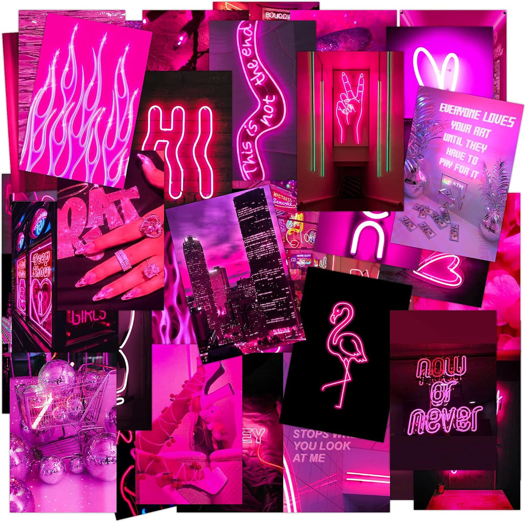 Aesthetic Neon Pink Vibes Wall Collage Kit close-up featuring vibrant, baddie-inspired prints. Perfect for teen room, dorm room, baddie, soft girl, indie, and aesthetic wall decor.