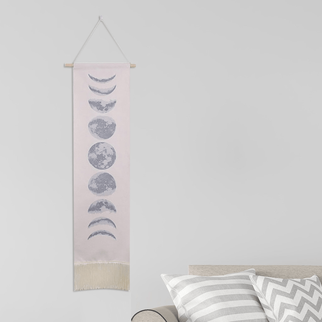 VibeCore Nine Phases of the Moon Wall Hanging in white, featuring a celestial moon phase design crafted from natural cotton-linen with twine for hanging, creating a mystical and calming ambiance.