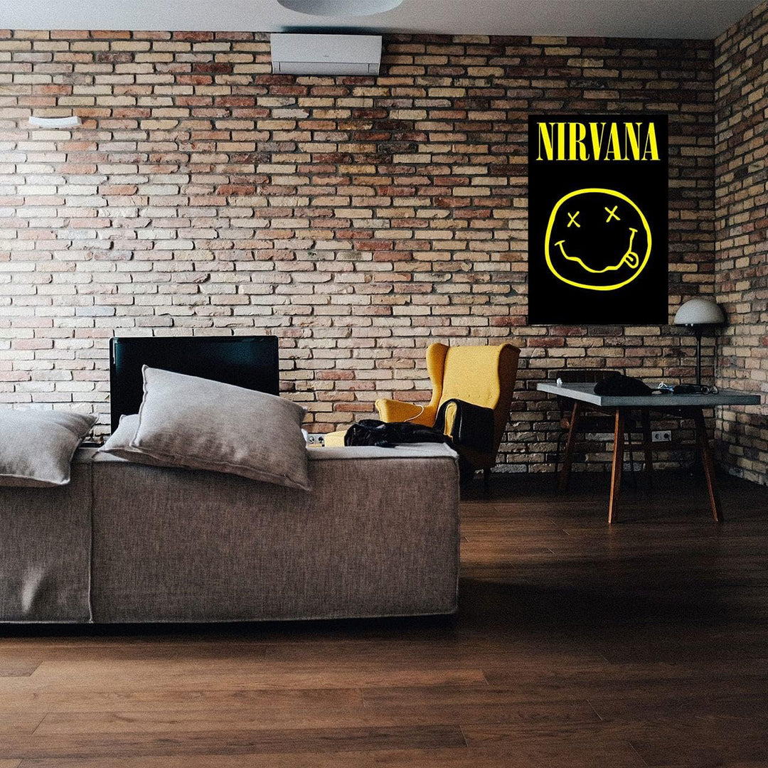 VibeCore Nirvana Canvas Prints Option A Framed On Brick Wall