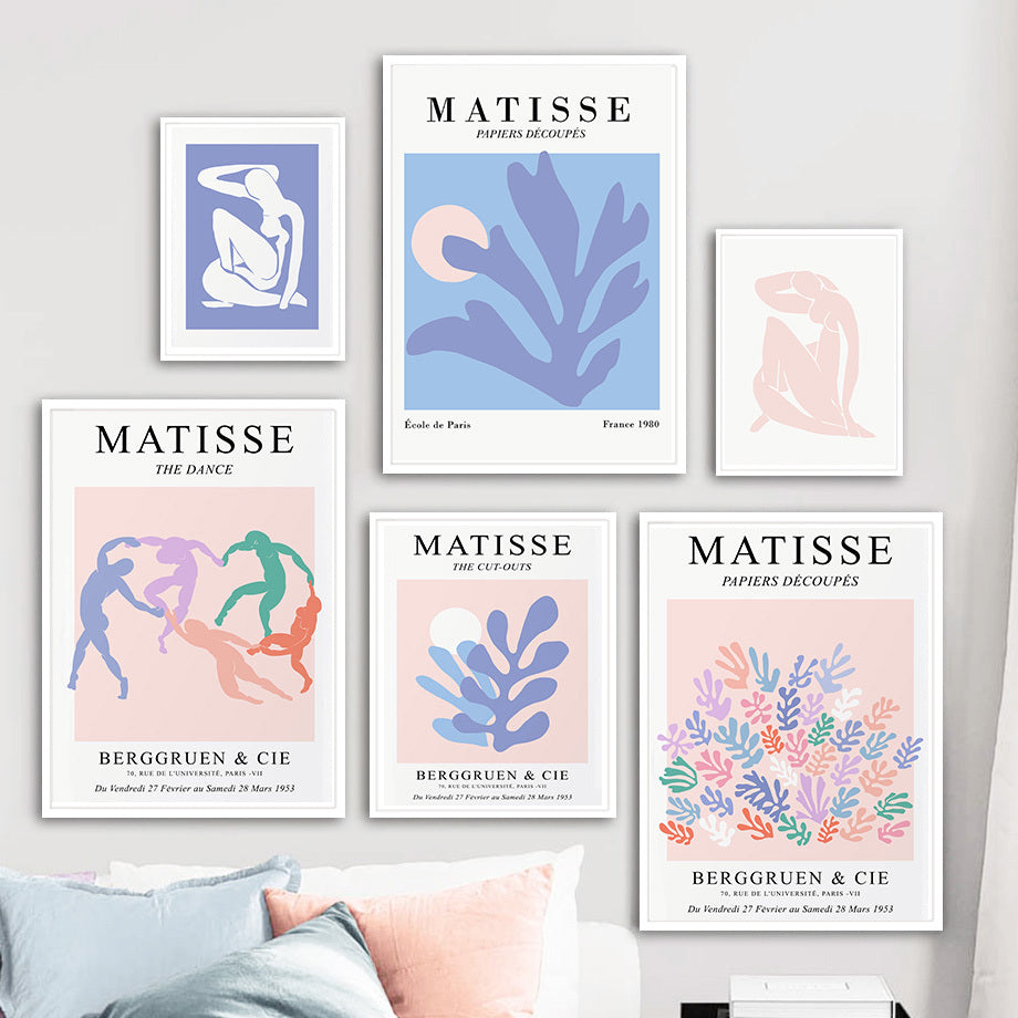 Framed collage of pastel Matisse-inspired canvas posters showcasing abstract compositions and soft pastel hues, adding a Nordic-inspired, minimalist aesthetic to the wall.