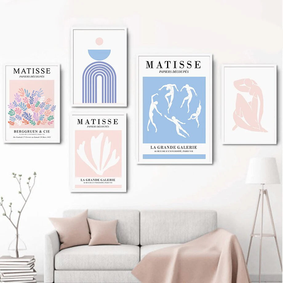 Gallery of pastel Matisse-inspired canvas posters arranged on a wall, showcasing abstract figures and papiers découpés in soft pastel hues.