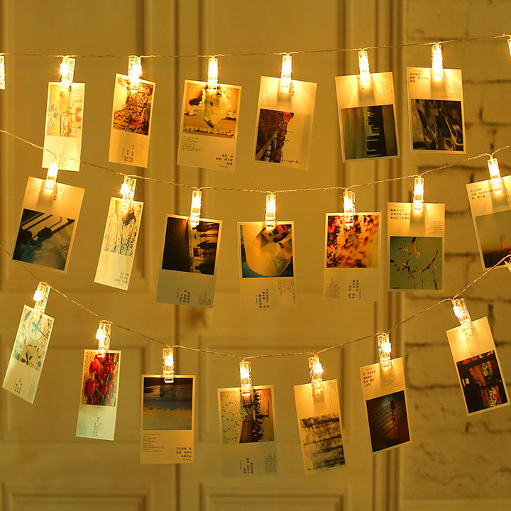 Close-up of VibeCore photo clip string lights, featuring vibrant LEDs and clips to display your favorite photos.