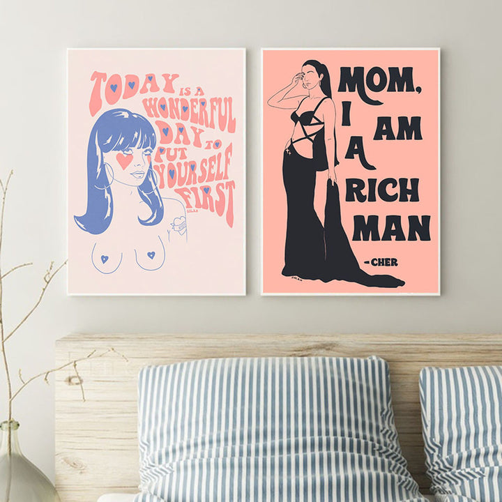 VibeCore Pink Feminist Canvas Prints Option A and B Above Bed Framed On Wall 