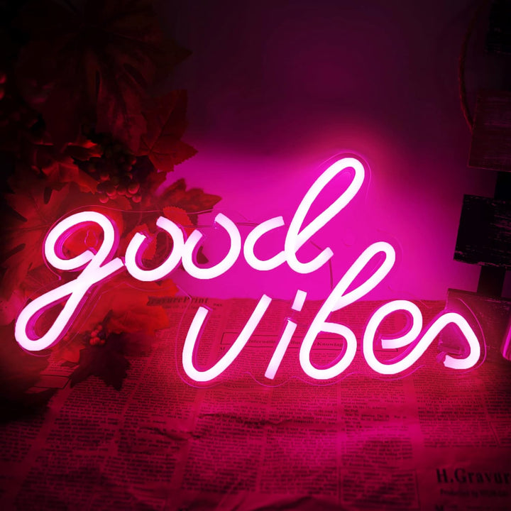 For the VibeCore Pink Good Vibes Cursive Neon Light, try capturing it in a new angle, like beside a bed or desk, to show its vibrant glow and positive vibe.