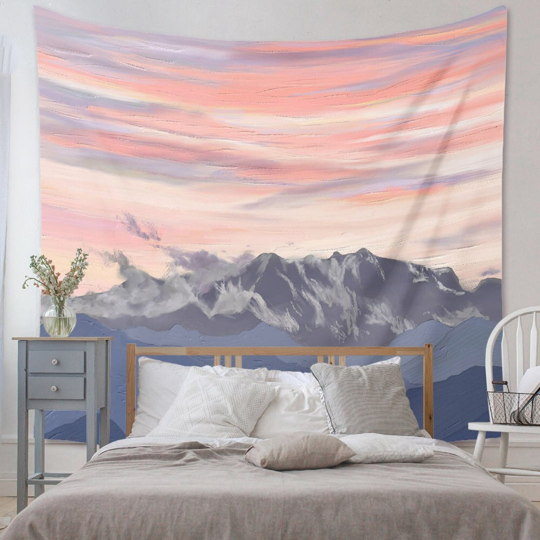 VibeCore Pink Skies In The Alps Tapestry Behind Bed