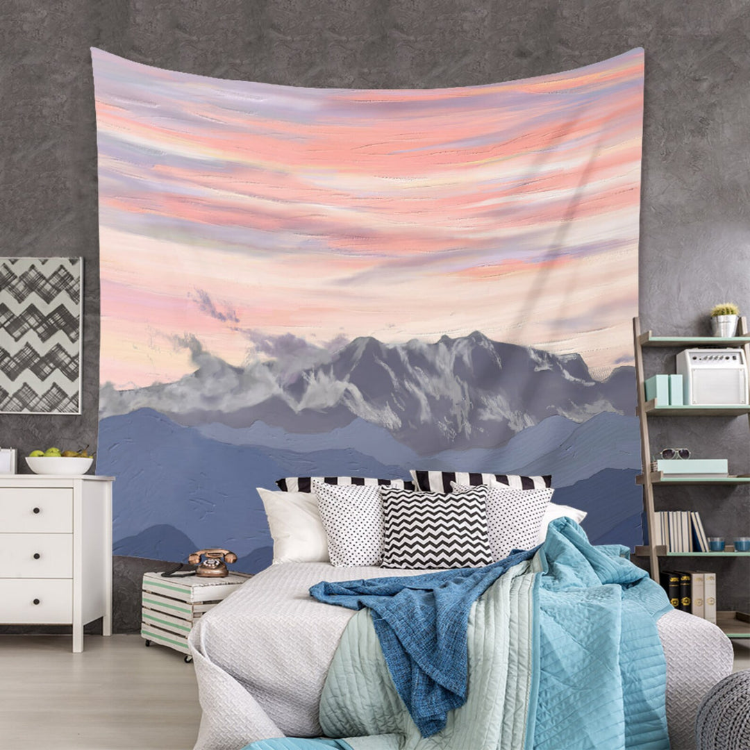 VibeCore Pink Skies In The Alps Tapestry In Bedroom