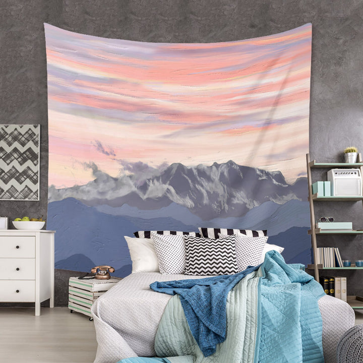 VibeCore Pink Skies In The Alps Tapestry In Bedroom