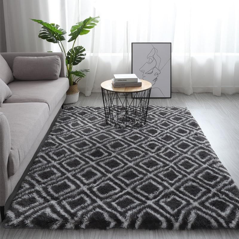 VibeCore Plush Patterned Area Rug in white design on a black background, featuring a soft polyester fiber texture and non-slip backing. Adds comfort and style to any room, perfect for living rooms, bedrooms, or dorms. Easy to clean and available in 5 stylish options.
