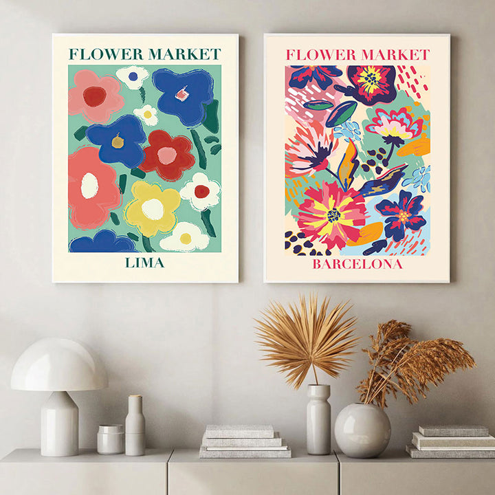 VibeCore Pop & Petals Canvas Prints Flower Market Lima and Barcelona Framed On Wall
