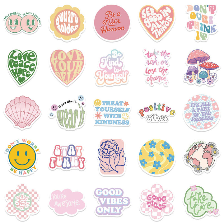 VibeCore Preppy Positivity Stickers set featuring 25 vibrant designs with motivational quotes, smiley faces, and colorful preppy icons to brighten your accessories.