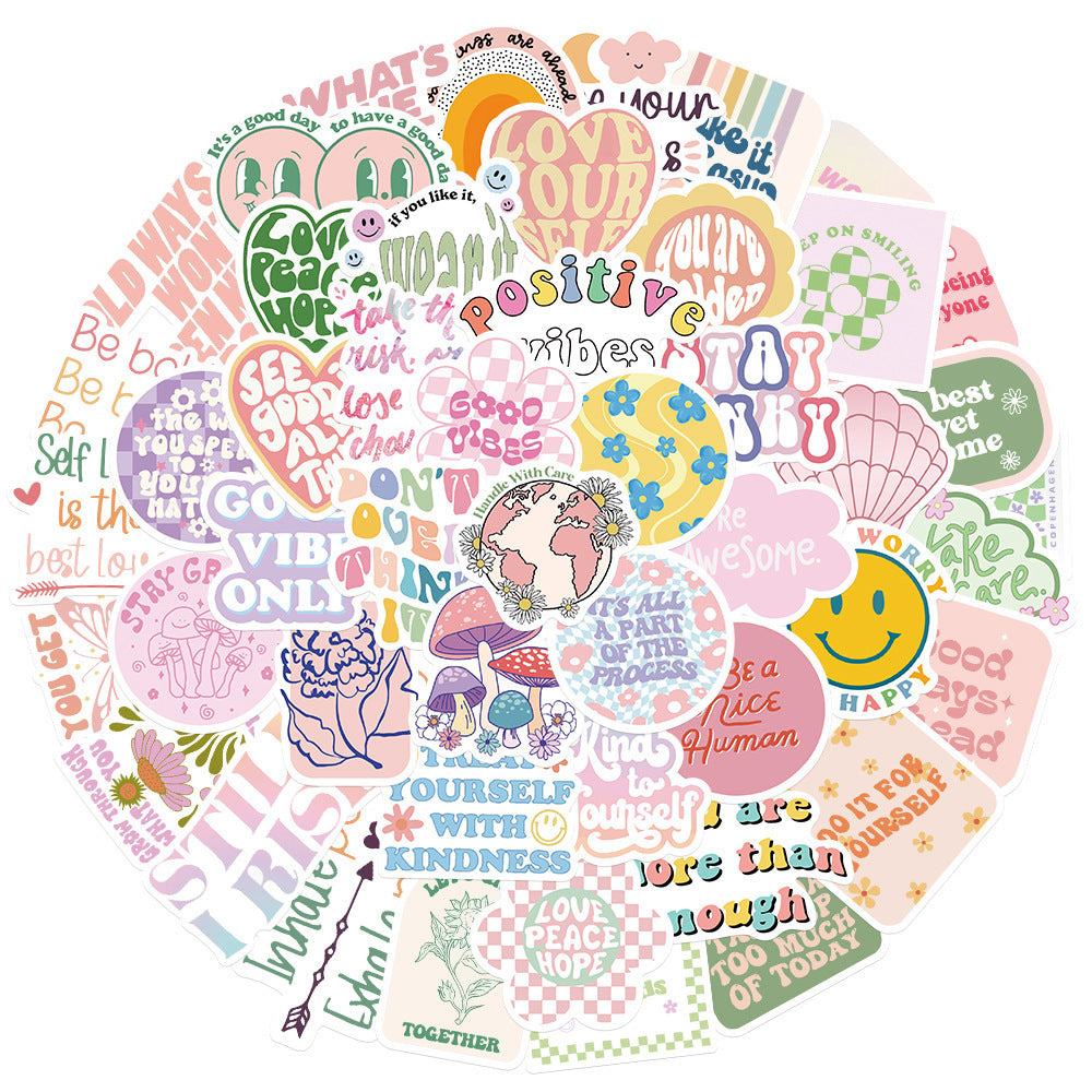 Circular cluster of VibeCore Preppy Positivity Stickers featuring vibrant colors, positive quotes, and playful icons, perfect for uplifting your accessories with cheerful energy.