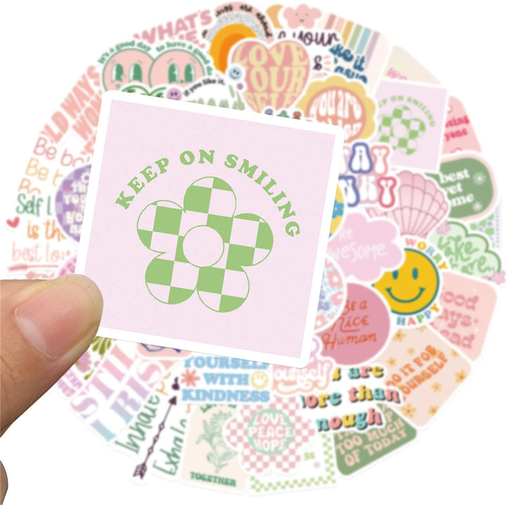 Close-up of the "Keep On Smiling" sticker from the VibeCore Preppy Positivity Stickers set, featuring playful fonts and bright colors to spread cheerful, uplifting energy.