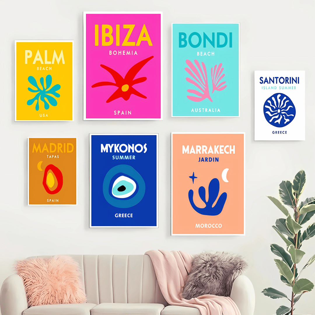 VibeCore Preppy Travel Canvas Posters displayed on a living room wall, featuring vibrant prints of stunning destinations like Bondi Beach, Mykonos, and Santorini. These artsy travel posters bring a touch of wanderlust and beachy charm to any space, perfect for creating a preppy, adventurous vibe. Printed on premium cotton canvas with a semigloss finish for lasting vibrancy and style.