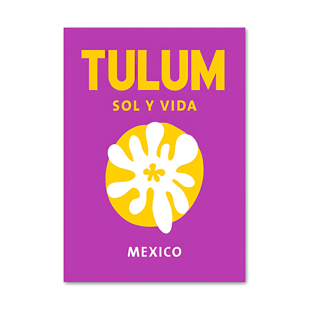 VibeCore Preppy Travel Canvas Poster featuring a purple Tulum design, showcasing the vibrant colors and tropical beauty of Tulum. This artsy print brings a fun, beachy vibe to your space, adding a touch of wanderlust and relaxation. Printed on premium cotton canvas with a semigloss finish for lasting style and rich color.