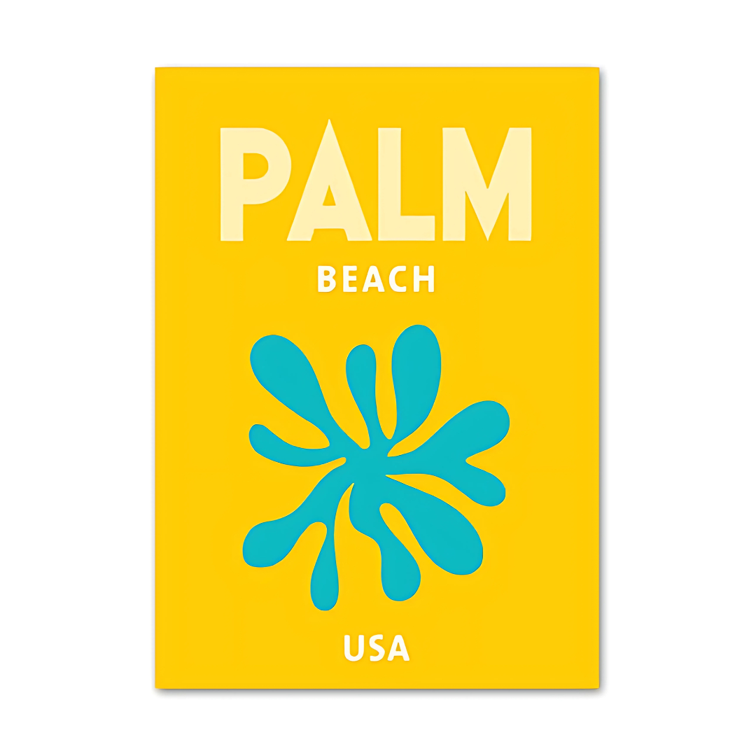 VibeCore Preppy Travel Canvas Poster featuring a yellow Palm Beach design, capturing the sunny, laid-back vibes and tropical beauty of Palm Beach. This cheerful print adds a splash of color and a beachy, vacation-ready feel to your space. Printed on premium cotton canvas with a semigloss finish for lasting vibrancy and stylish appeal.
