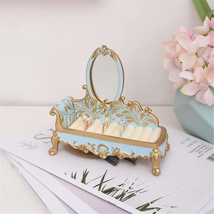 VibeCore Princess Ring Holder resin jewelry rack with glass mirror, rings displayed from a different angle.