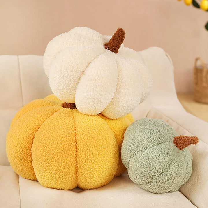 VibeCore Pumpkin Throw Pillow available in 3 sizes, featuring a cozy pumpkin-shaped design in a variety of colors. Made with soft teddy velvet and filled with PP cotton for plush comfort. Perfect for adding autumn vibes and a seasonal touch to any room.