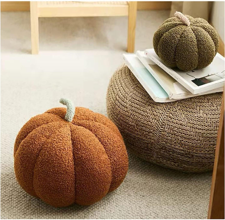 VibeCore Pumpkin Throw Pillow close-up, highlighting its cozy pumpkin-shaped design made from soft teddy velvet and filled with PP cotton for plush comfort. A perfect way to add autumn vibes and seasonal charm to any room.