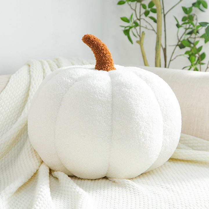 VibeCore Pumpkin Throw Pillow in white, featuring a cozy pumpkin-shaped design made from soft teddy velvet and filled with PP cotton for plush comfort. A fresh and charming accent to add autumn vibes and seasonal warmth to your space.