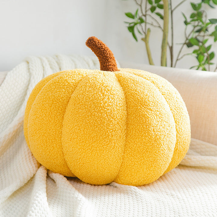 VibeCore Pumpkin Throw Pillow in yellow, featuring a cozy pumpkin-shaped design made from soft teddy velvet and filled with PP cotton for plush comfort. A bright and cheerful accent to bring autumn vibes and a seasonal touch to your room.