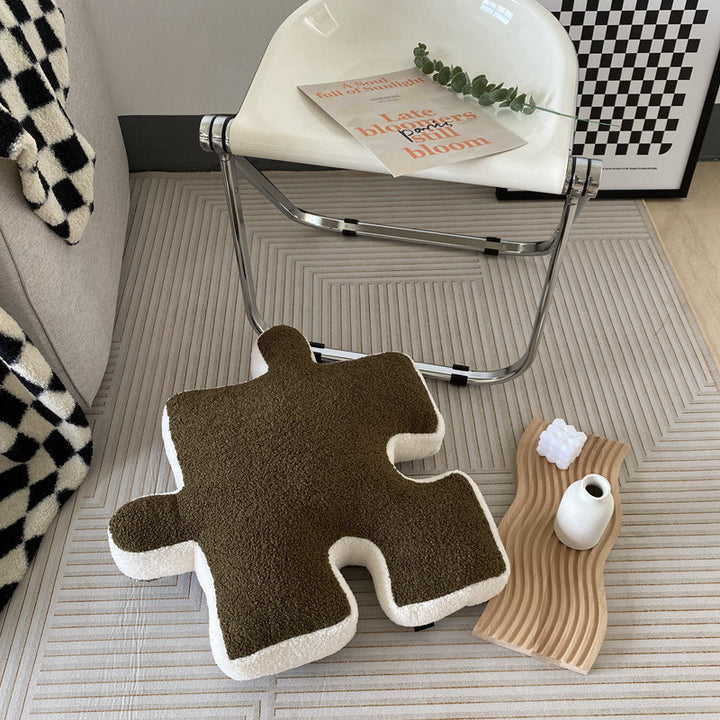 VibeCore Puzzle Piece Decorative Pillow in olive, crafted from plush fabric and filled with PP cotton for soft comfort. A unique, playful design that adds a quirky touch and enhances the style of your bed, couch, or cozy nook.