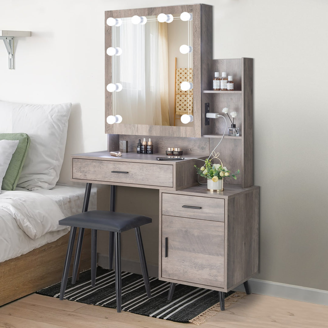 VibeCore RHEA Hollywood Lights Makeup Vanity + Stool Angled View