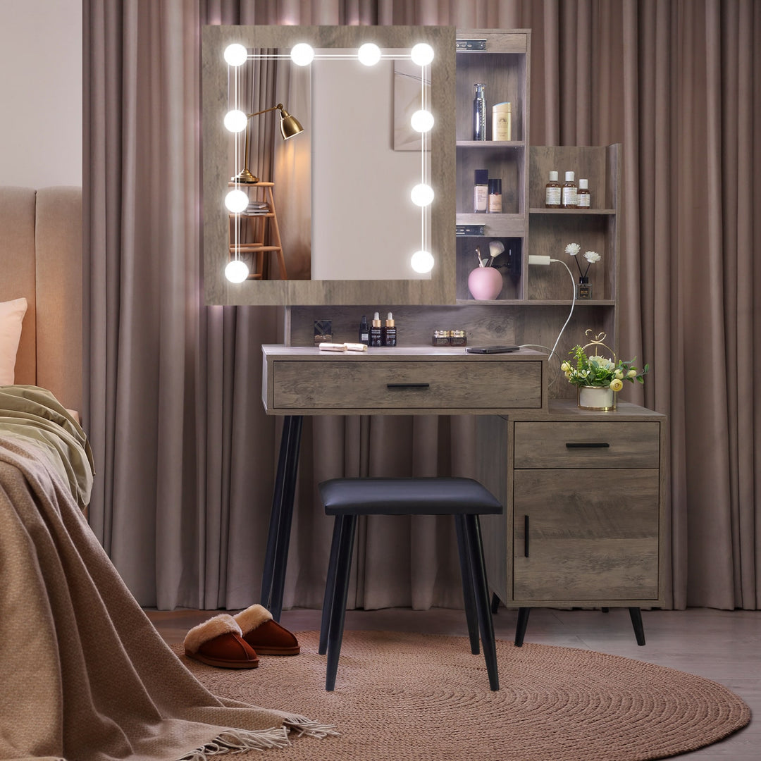 VibeCore RHEA Hollywood Lights Makeup Vanity + Stool In Bedroom