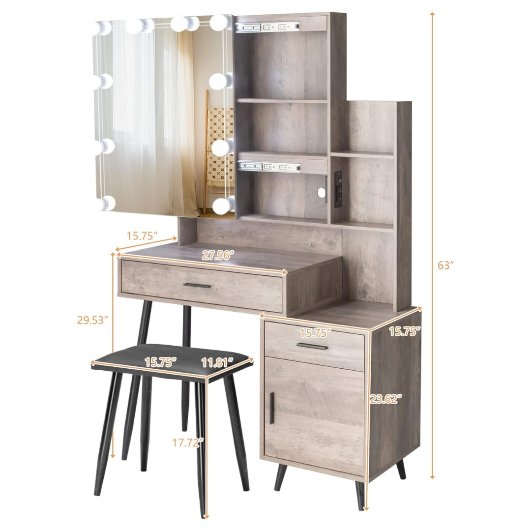 VibeCore RHEA Hollywood Lights Makeup Vanity + Stool Product Size