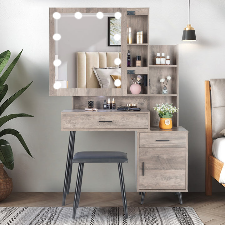 VibeCore RHEA Hollywood Lights Makeup Vanity + Stool Sliding Mirror
