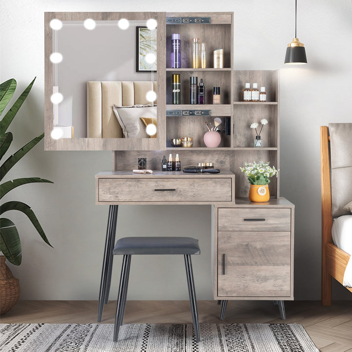 VibeCore RHEA Hollywood Lights Makeup Vanity + Stool Sliding Mirror Full