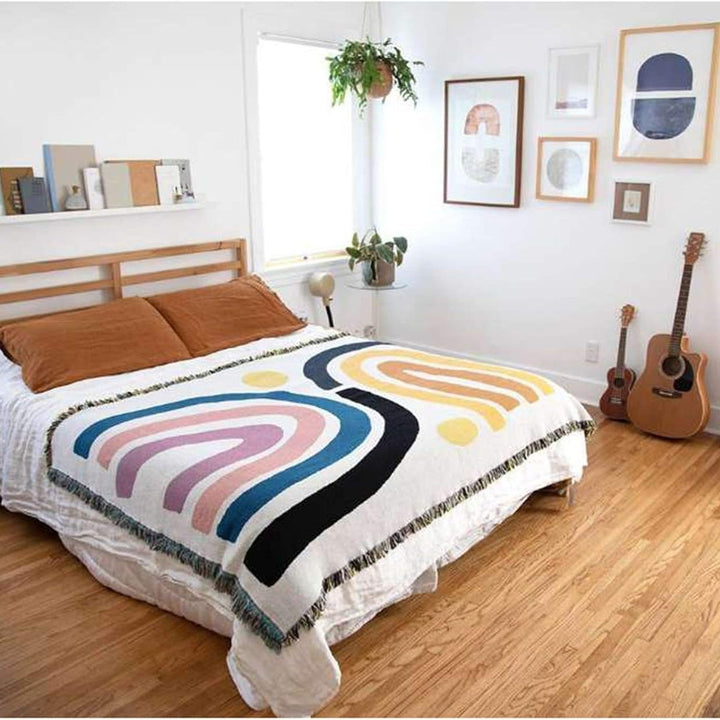 VibeCore Rainbow Dreams Woven Cotton Blanket as Bohemian Bedspread - Colorful Reversible Throw for Vibrant Bedroom Decor