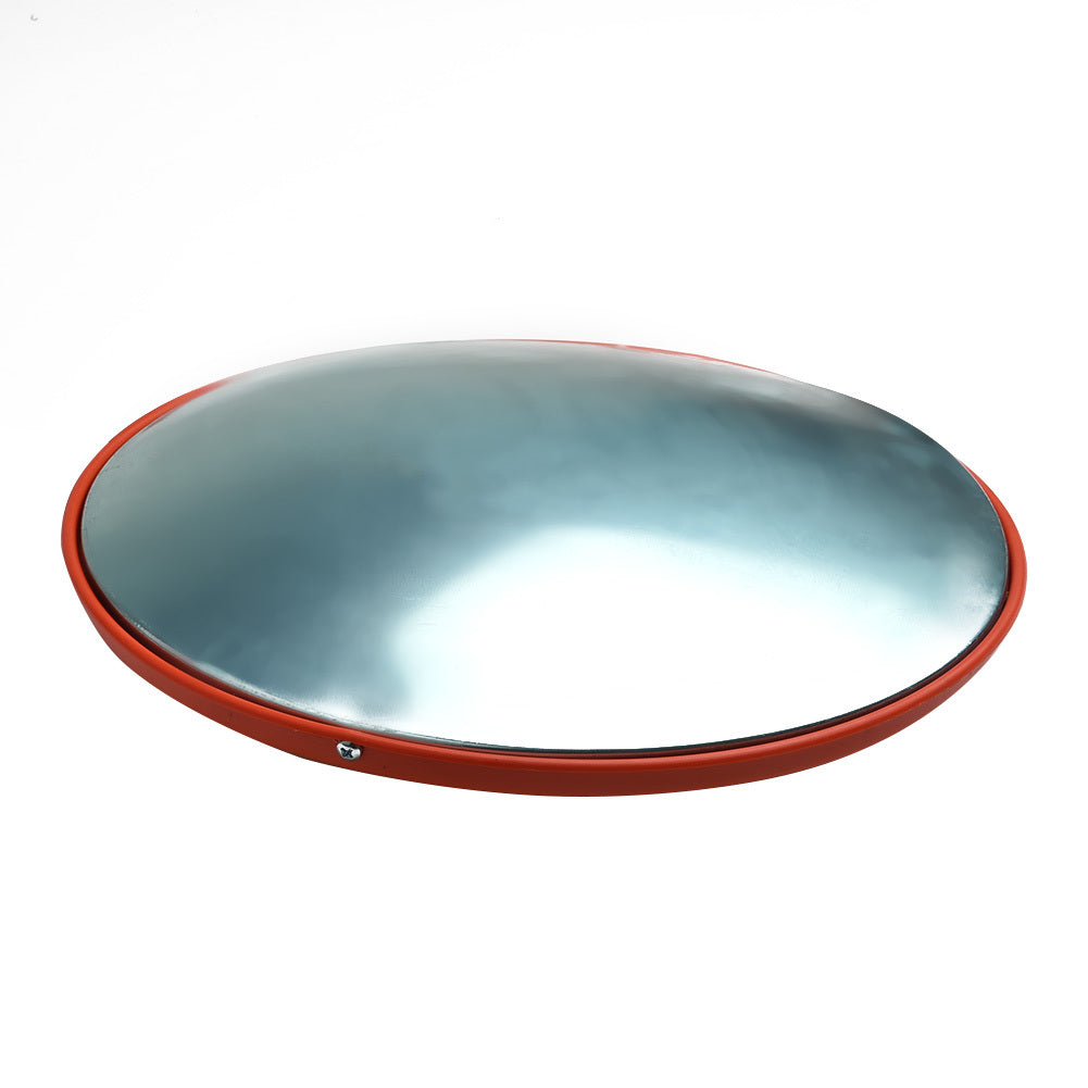 VibeCore Red Convex Traffic Mirror side view, showcasing its sleek red frame and curved convex design. The wide-angle lens offers a unique fish-eye effect, enhancing visibility and providing a bold, urban vibe. This side view highlights the mirror’s modern, industrial style, perfect for both functional and decorative use.