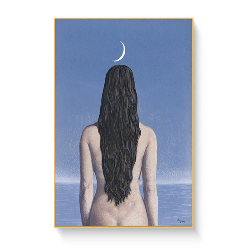 VibeCore Rene Magritte Canvas Prints Option C: Naked Woman with long hair looking at the crescent moon over the ocean